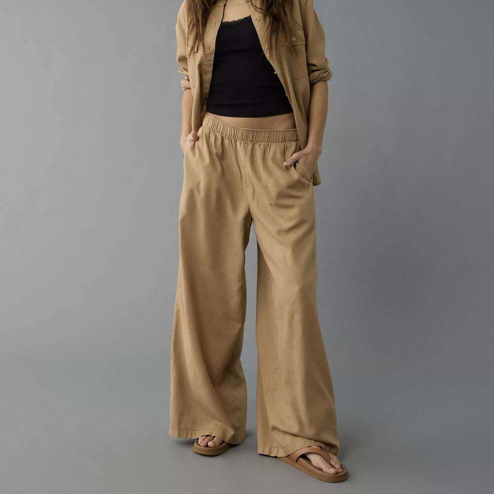 AE Tan Linen-Blend Pull-On High-Waisted Pants American Eagle Camel - Picture 2 of 6